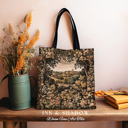 Medieval Meadow Tapestry Bag | Rustic Fairytale Tote Castle Landscape Woodland Fairy Folklore Princesscore Aesthetic Mystic Victorian Floral