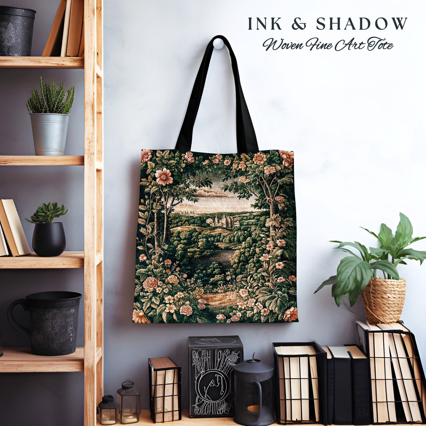 Princess Medieval Woven Tote Bag | Rustic Floral Landscape Whimsigoth Castle Ethereal Rustic Aesthetic Bag Woodland Goth Romantic Fairycore