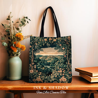 Rosy Forestcore Woven Tote | Woodland Castle Dreamy Ethereal Aesthetic Princess Woodland Medieval Woven Tapestry Bag Bohemian Landscape |