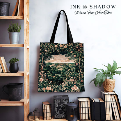 Rosy Forestcore Woven Tote | Woodland Castle Dreamy Ethereal Aesthetic Princess Woodland Medieval Woven Tapestry Bag Bohemian Landscape |