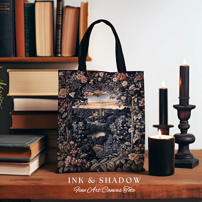 Pastel Fairy Aesthetic Tapestry Bag | Ethereal Woodland Royalcore Rosy Woven Tote Bedroom Botanical Landscape Medieval Princess Rustic Style