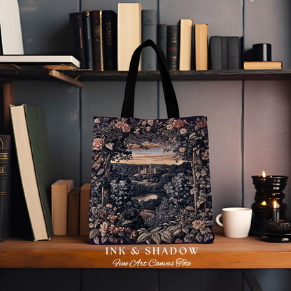 Pastel Fairy Aesthetic Tapestry Bag | Ethereal Woodland Royalcore Rosy Woven Tote Bedroom Botanical Landscape Medieval Princess Rustic Style