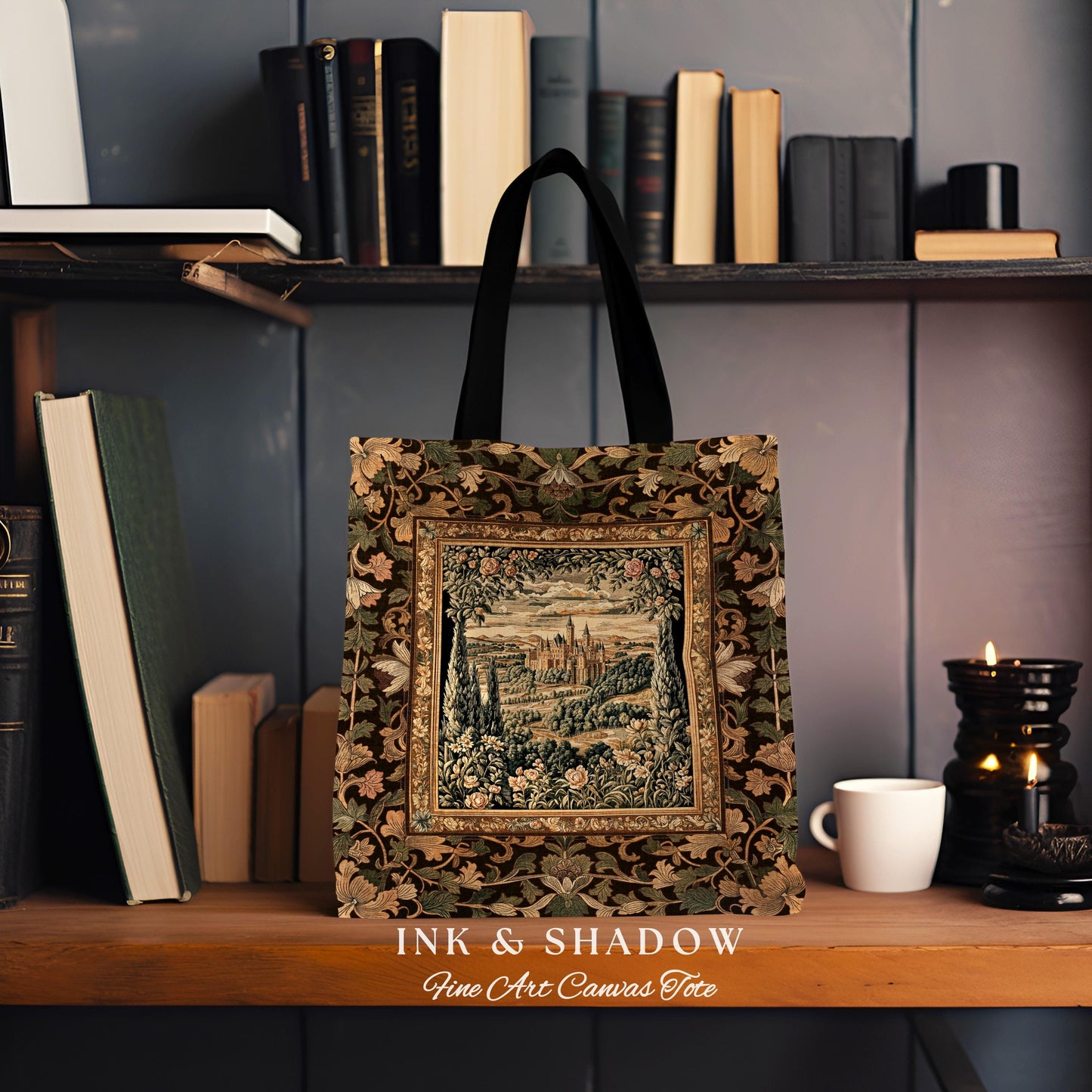 Romantic Victorian Botanical Woven Tote | Medieval Woodland Fairytale Castle Whimsigothic Folklore Everyday Bag Princesscore Victorian Art |