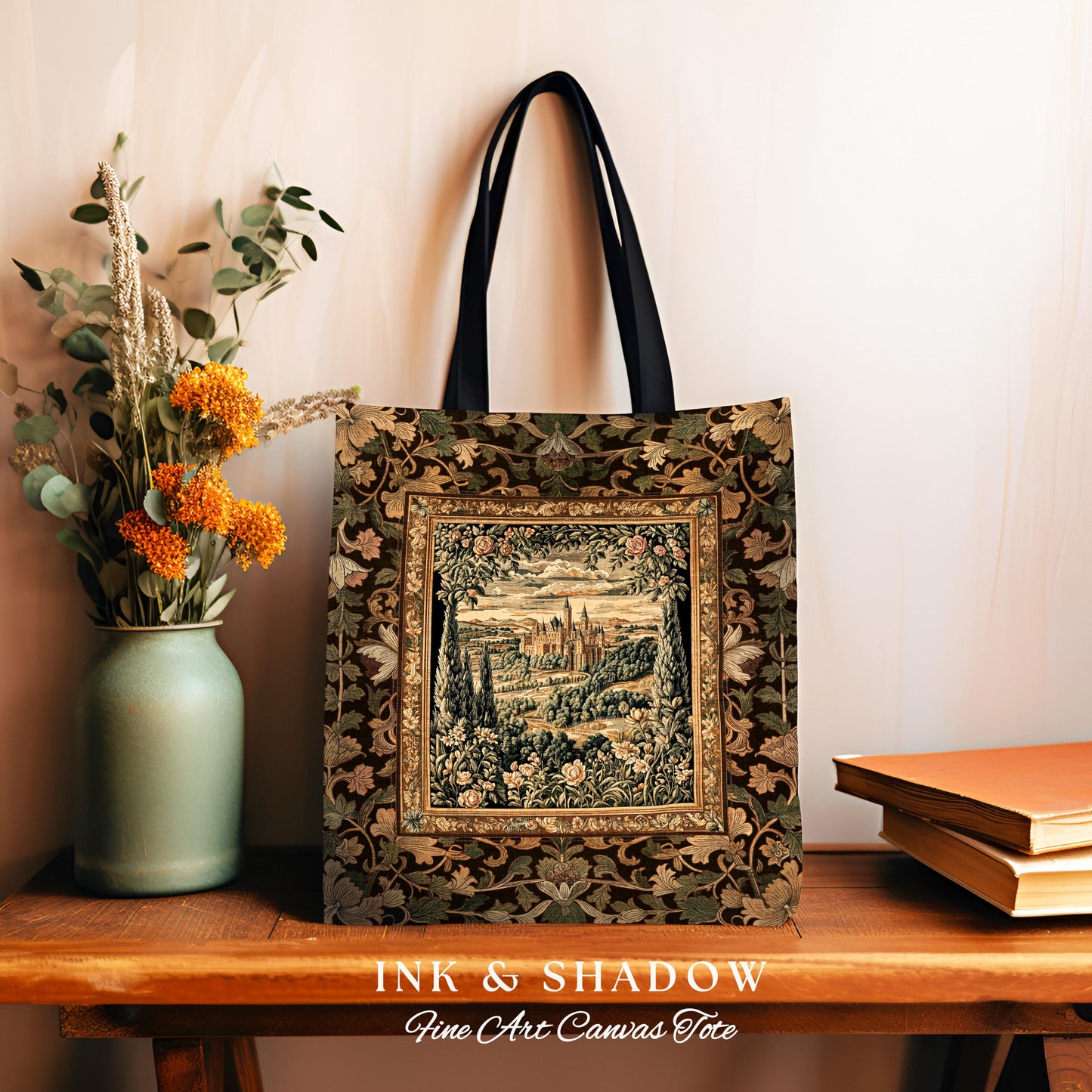 Romantic Victorian Botanical Woven Tote | Medieval Woodland Fairytale Castle Whimsigothic Folklore Everyday Bag Princesscore Victorian Art |