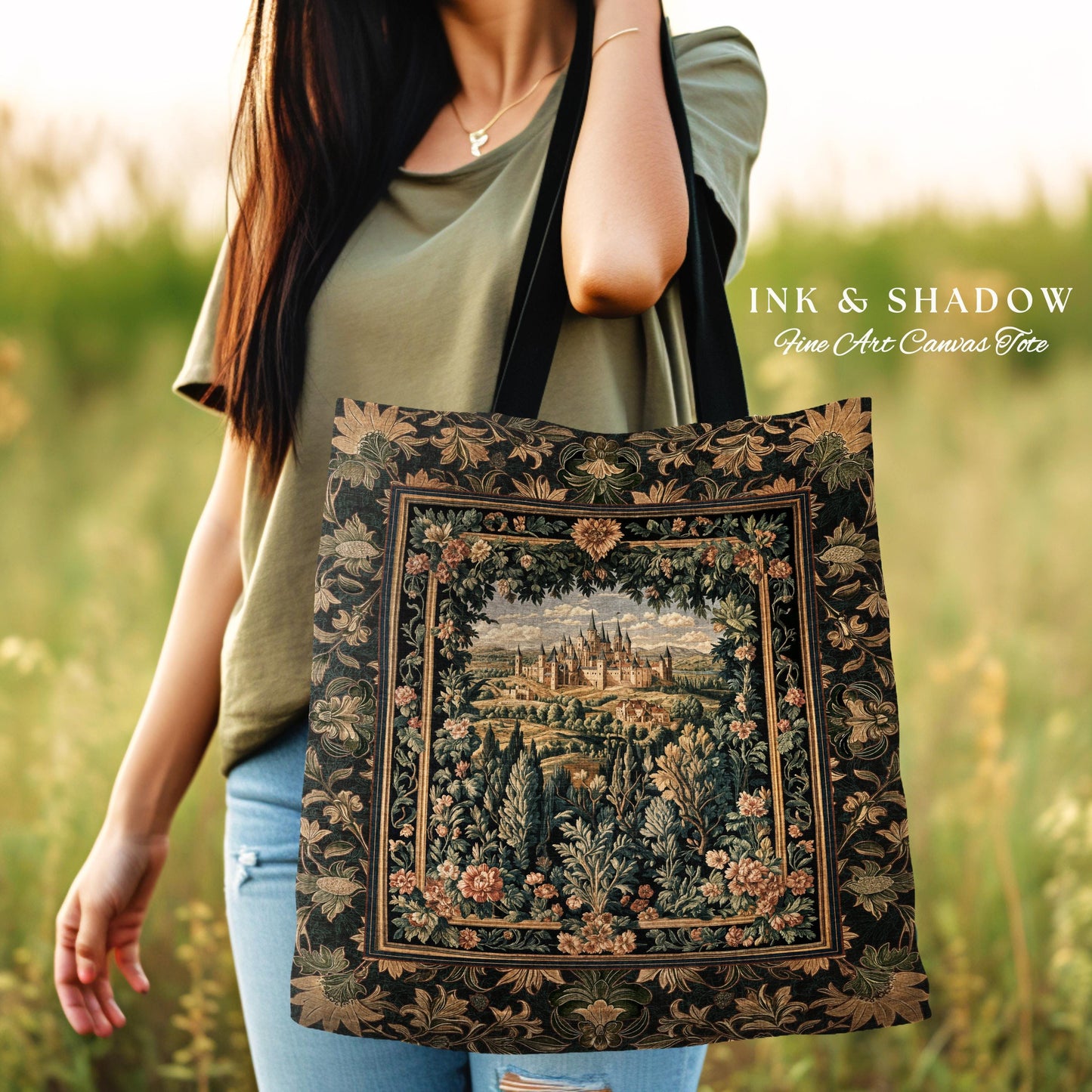 Dark Academia Victorian Royal Tapestry Tote | Fantasy Woven Everyday Bag Decor Woodland Princess Medieval Rustic Floral Landscape Maximalist