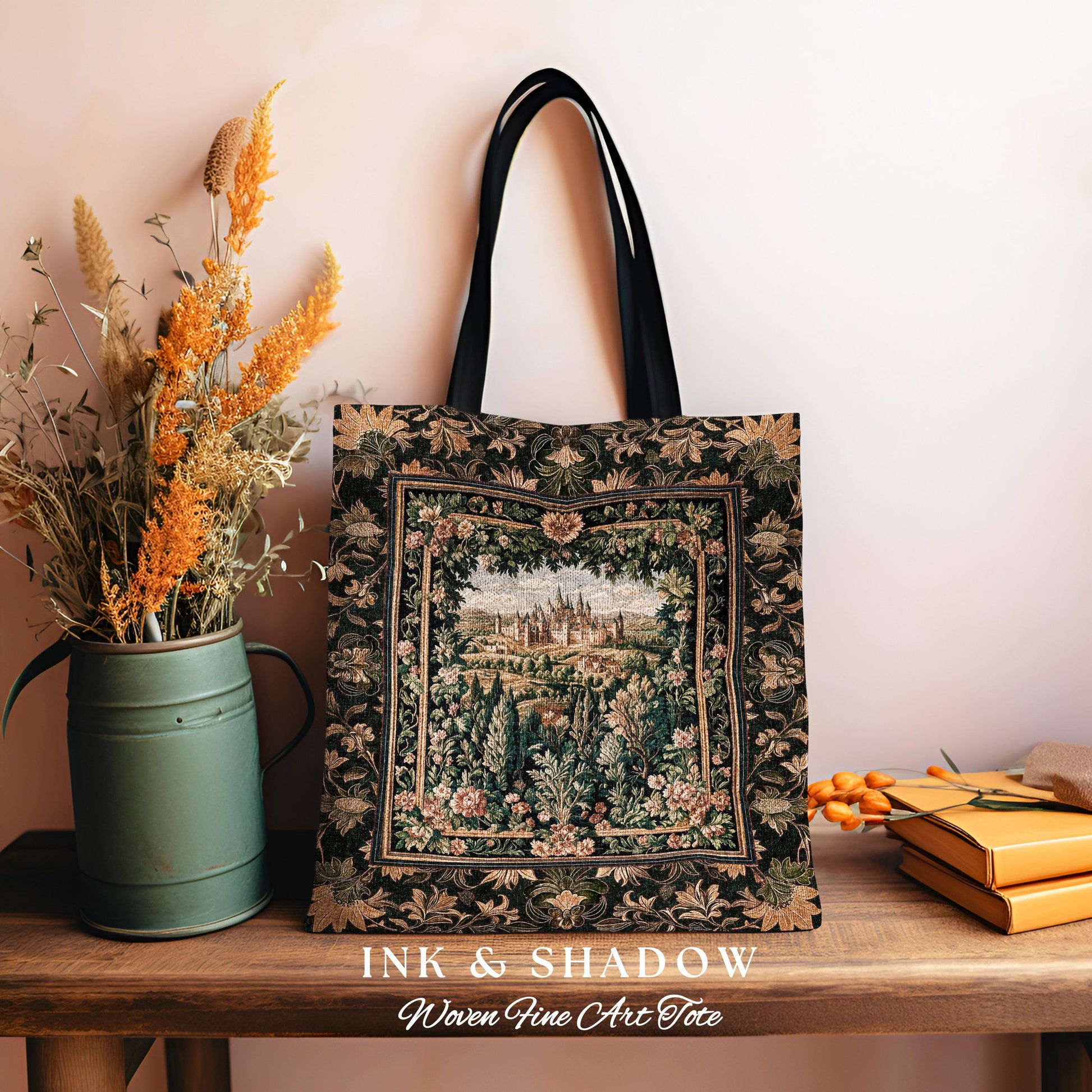 Dark Academia Victorian Royal Tapestry Tote | Fantasy Woven Everyday Bag Decor Woodland Princess Medieval Rustic Floral Landscape Maximalist