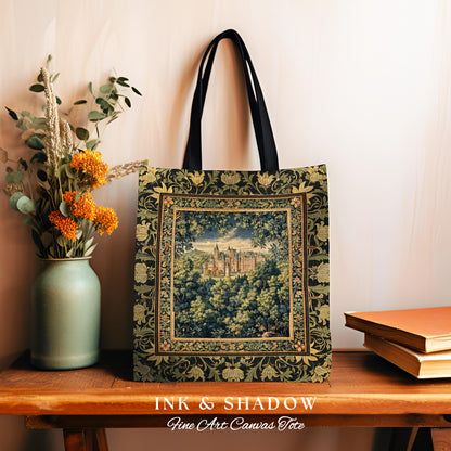 Ethereal Fairytale Fantasy Castle Tapestry Bag | Dark Academia Tote Woodland Fairy Folklore Princess Aesthetic Magical Landscape Forestcore