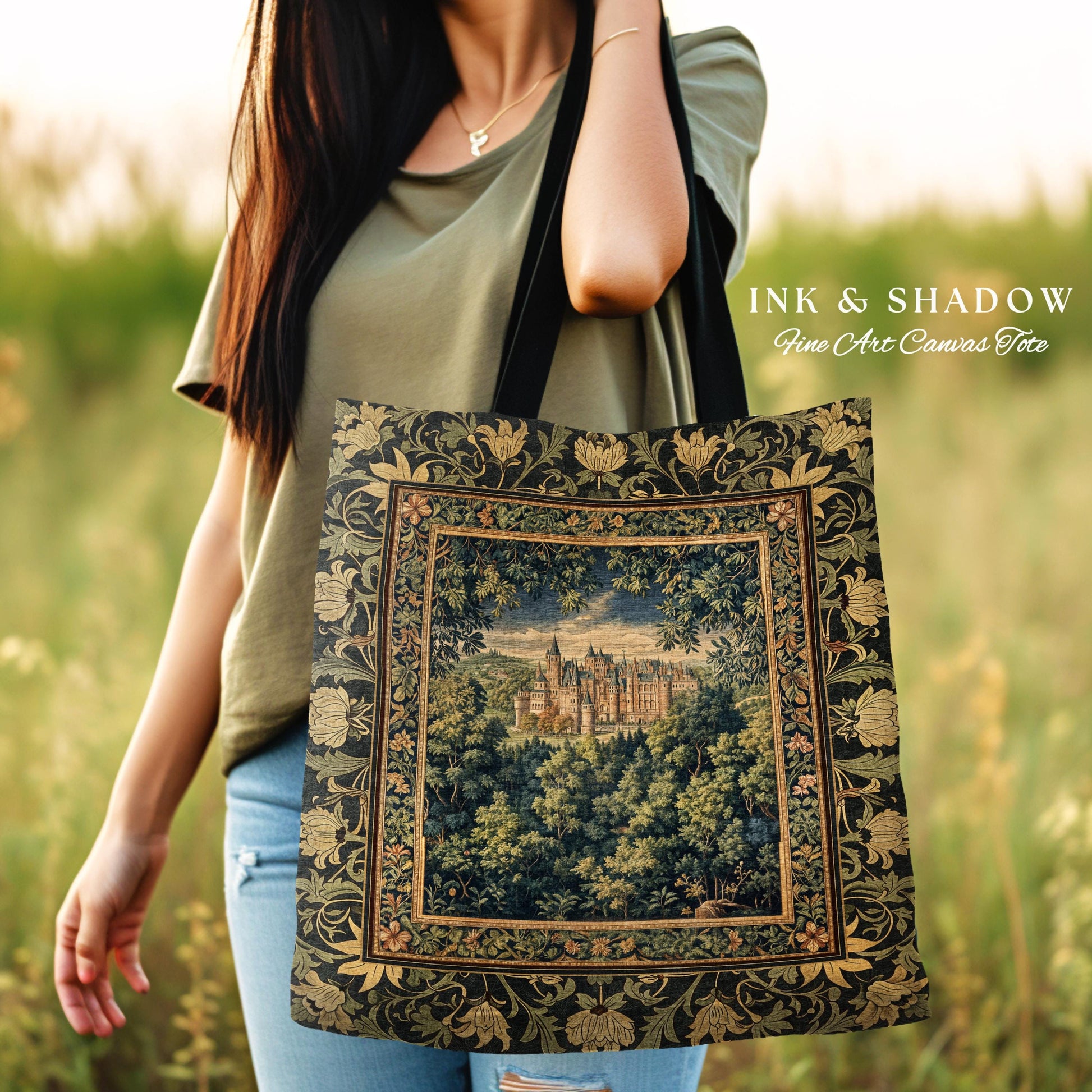 Ethereal Fairytale Fantasy Castle Tapestry Bag | Dark Academia Tote Woodland Fairy Folklore Princess Aesthetic Magical Landscape Forestcore