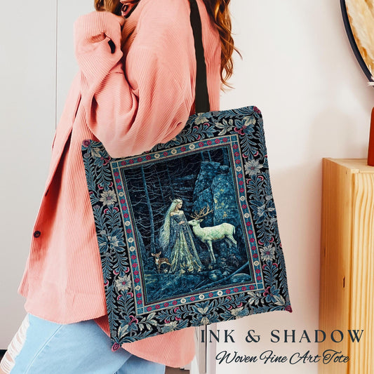 Spirit Animals Ethereal Goddess Tote | Storybook Aesthetic Magical Forest Nymph Fantasy Tapestry Bag Dark Victorian Woodland Deer Moody Art