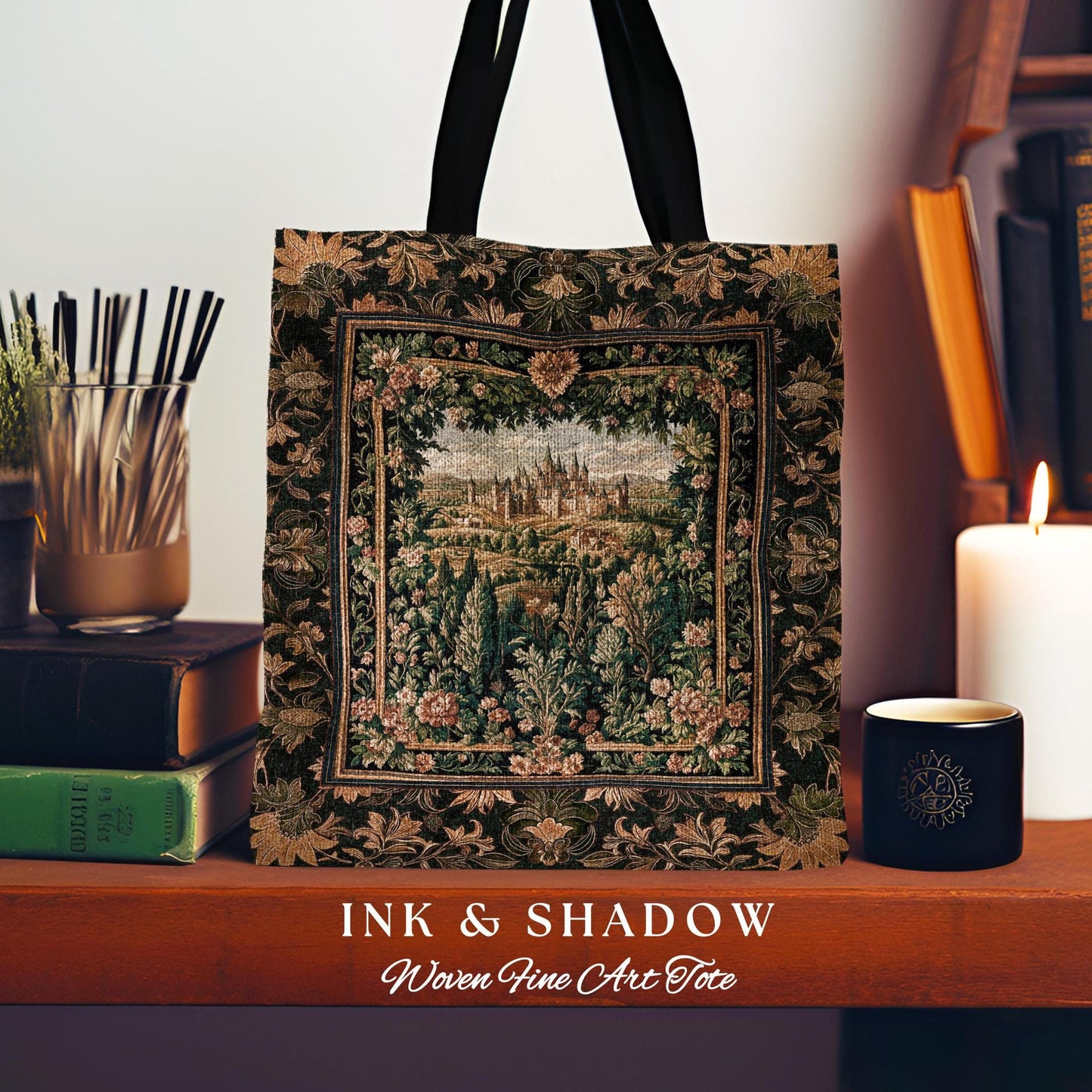 Dark Academia Victorian Royal Tapestry Tote | Fantasy Woven Everyday Bag Decor Woodland Princess Medieval Rustic Floral Landscape Maximalist