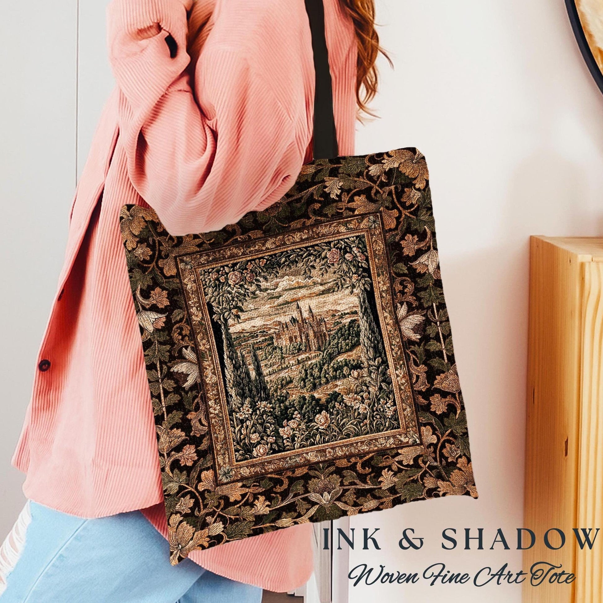 Romantic Victorian Botanical Woven Tote | Medieval Woodland Fairytale Castle Whimsigothic Folklore Everyday Bag Princesscore Victorian Art |