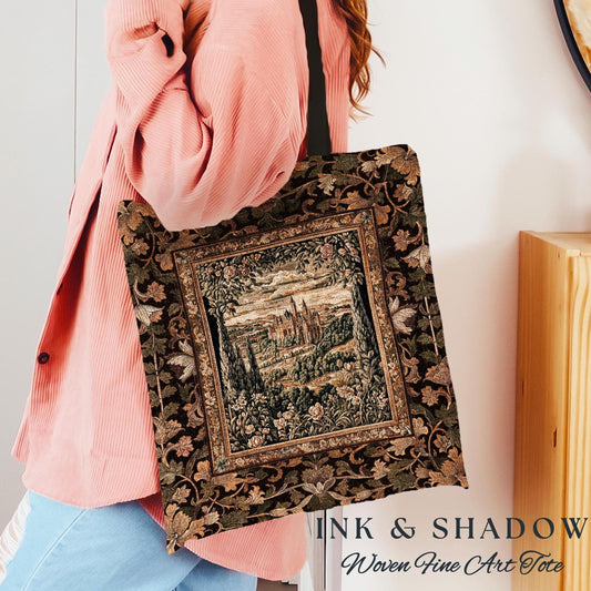 Romantic Victorian Botanical Woven Tote | Medieval Woodland Fairytale Castle Whimsigothic Folklore Everyday Bag Princesscore Victorian Art |