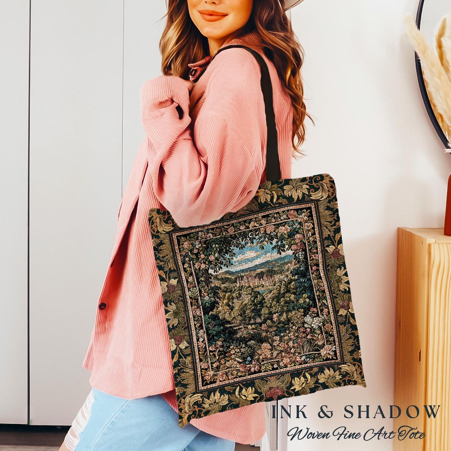 Fantasy Castle Botanical Woven Tapestry Tote | Fairycore Princess Bag Woodland Moody Medieval Woodland Fairytale Whimsy Whimsigothic Decor |