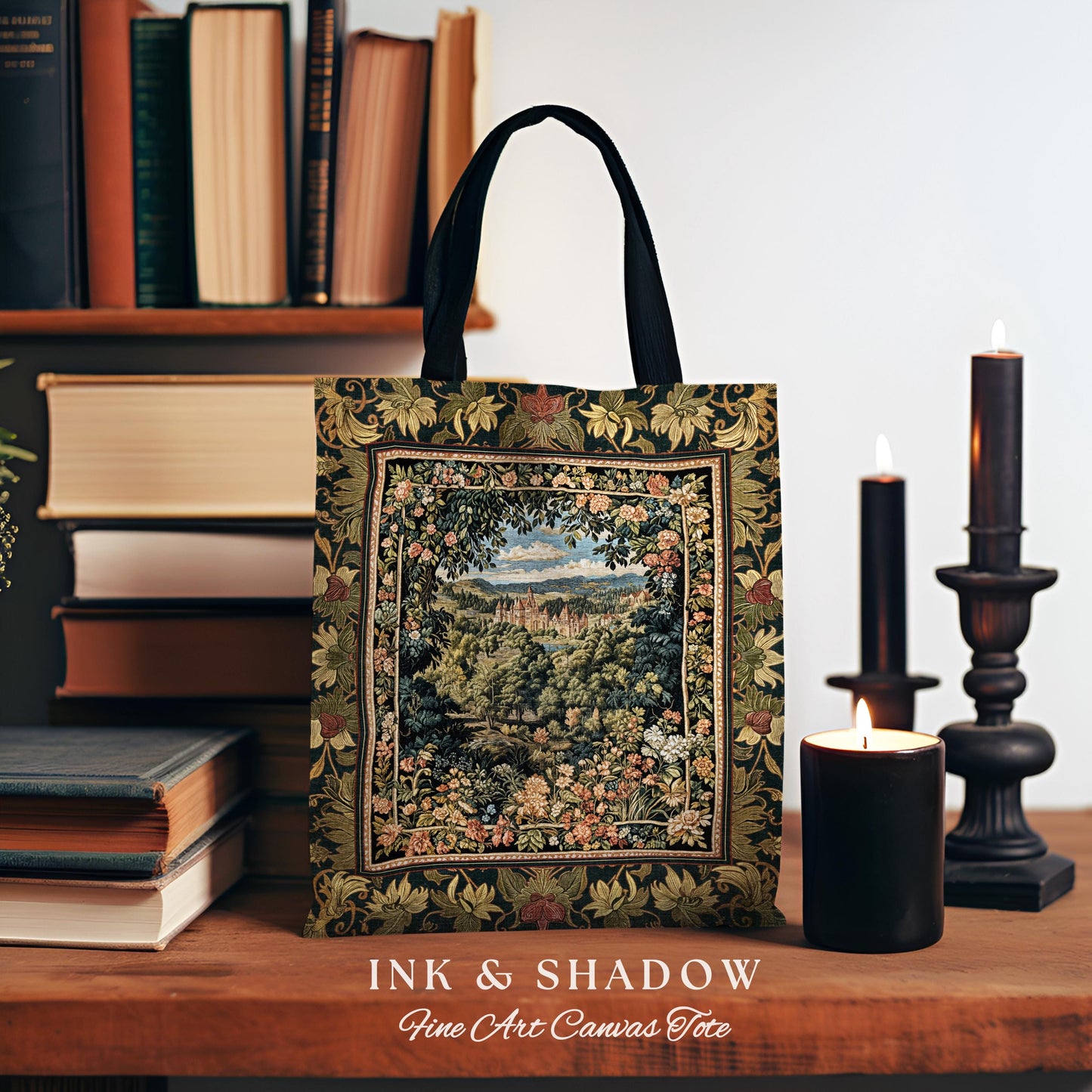 Fantasy Castle Botanical Woven Tapestry Tote | Fairycore Princess Bag Woodland Moody Medieval Woodland Fairytale Whimsy Whimsigothic Decor |