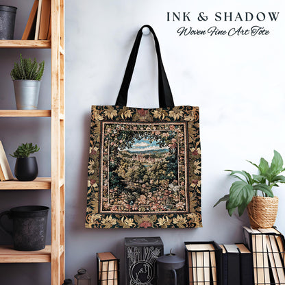 Fantasy Castle Botanical Woven Tapestry Tote | Fairycore Princess Bag Woodland Moody Medieval Woodland Fairytale Whimsy Whimsigothic Decor |