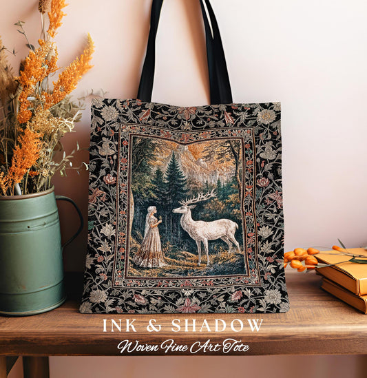 Mythic Landscape Gothic Forest Tote | Woodland Goddess Mystic Deer Tapestry Bag Forest Nymph Fairycore Woven Magical Botanical Deer Scene |