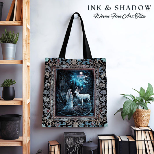 Midnight Magic Moonlit Fantasy Tote | Forest Goddess Spirit Animal Fairycore Ethereal Deer Woven Everyday Bag Folklore Inspired Nature |