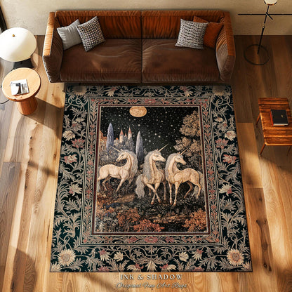 Medieval Ethereal Unicorn Area Rug | Goblincore Aesthetic Accent Rug Ornate Vintage Gothic Baroque Florals Magical Wonders Bedroom Carpet |