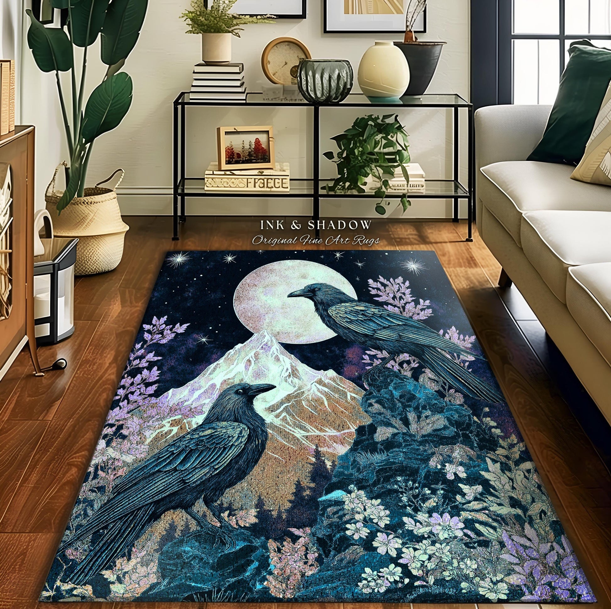 Pastel Gothic Crow Rug | Floral Celestial Crowcore Area Rug Whimsical Enchantment Floral Woodland Goblincore Raven Bedroom Ethereal Accent |