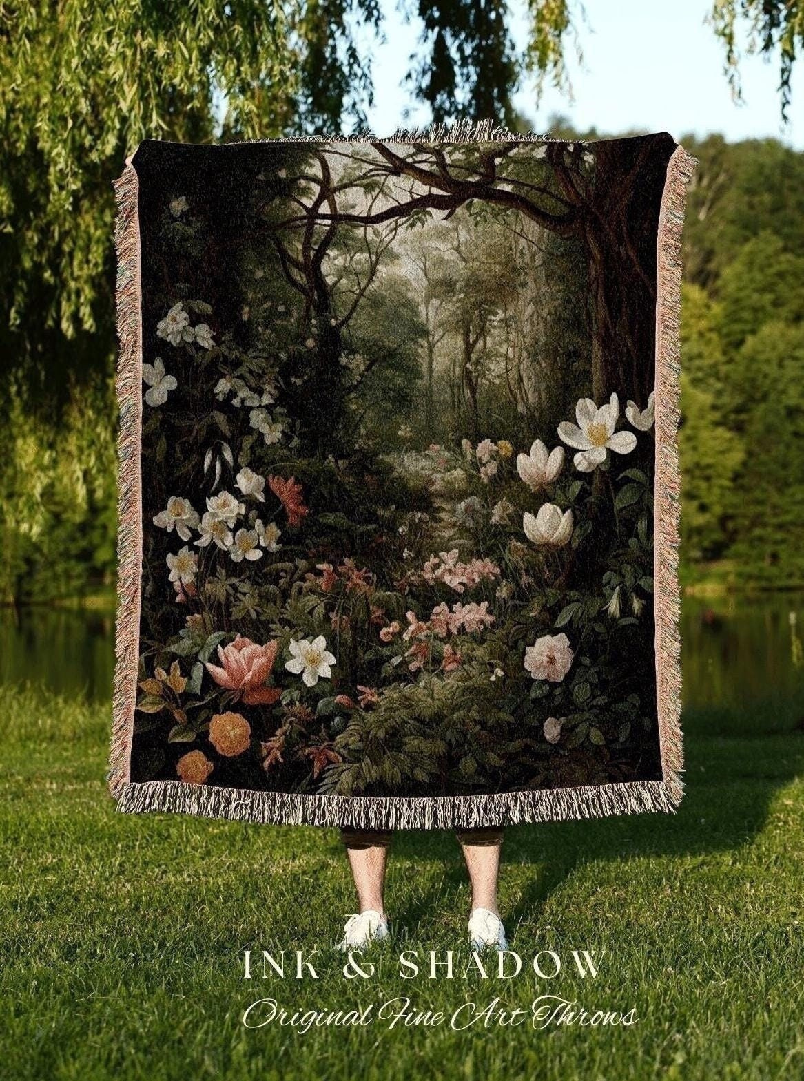 Dark Woodland Tapestry Blanket | Whimsigoth Wall Art Woven Blanket Victorian Gothic Aesthetic Tapestry Woven Botanical Fairy Decor Aesthetic