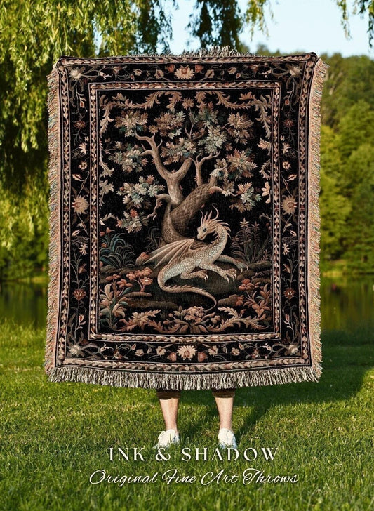 Medieval Aesthetic Dragon Blanket | Fairytale Inspired Nursery Decor Morris Style Cottagecore Fairycore Woven Throw Tapestry Botanical |