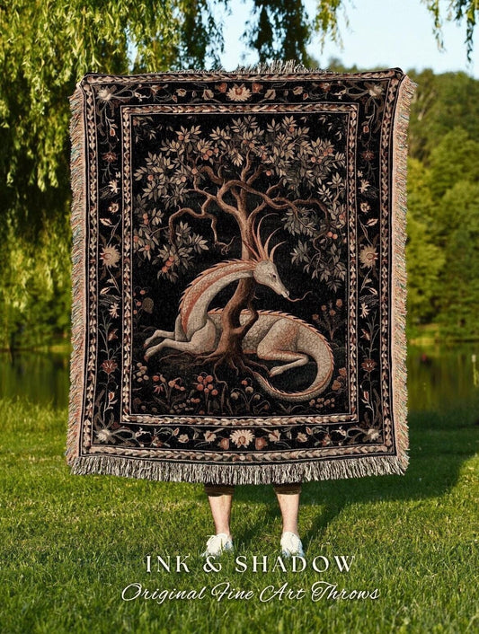 Folklore Dragon Woven Blanket | Medieval Aesthetic Fairytale Inspired Wall Art Cottagecore Style Fairycore Woven Throw Tapestry Botanical |