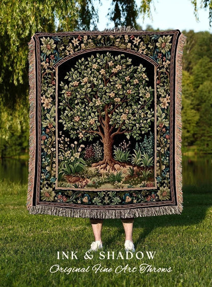 Tree Of Life Woven Blanket | William Morris Inspired Throw Botanical Tapestry Medieval Aesthetic Nordic Tapestry Renaissance Room Decor |