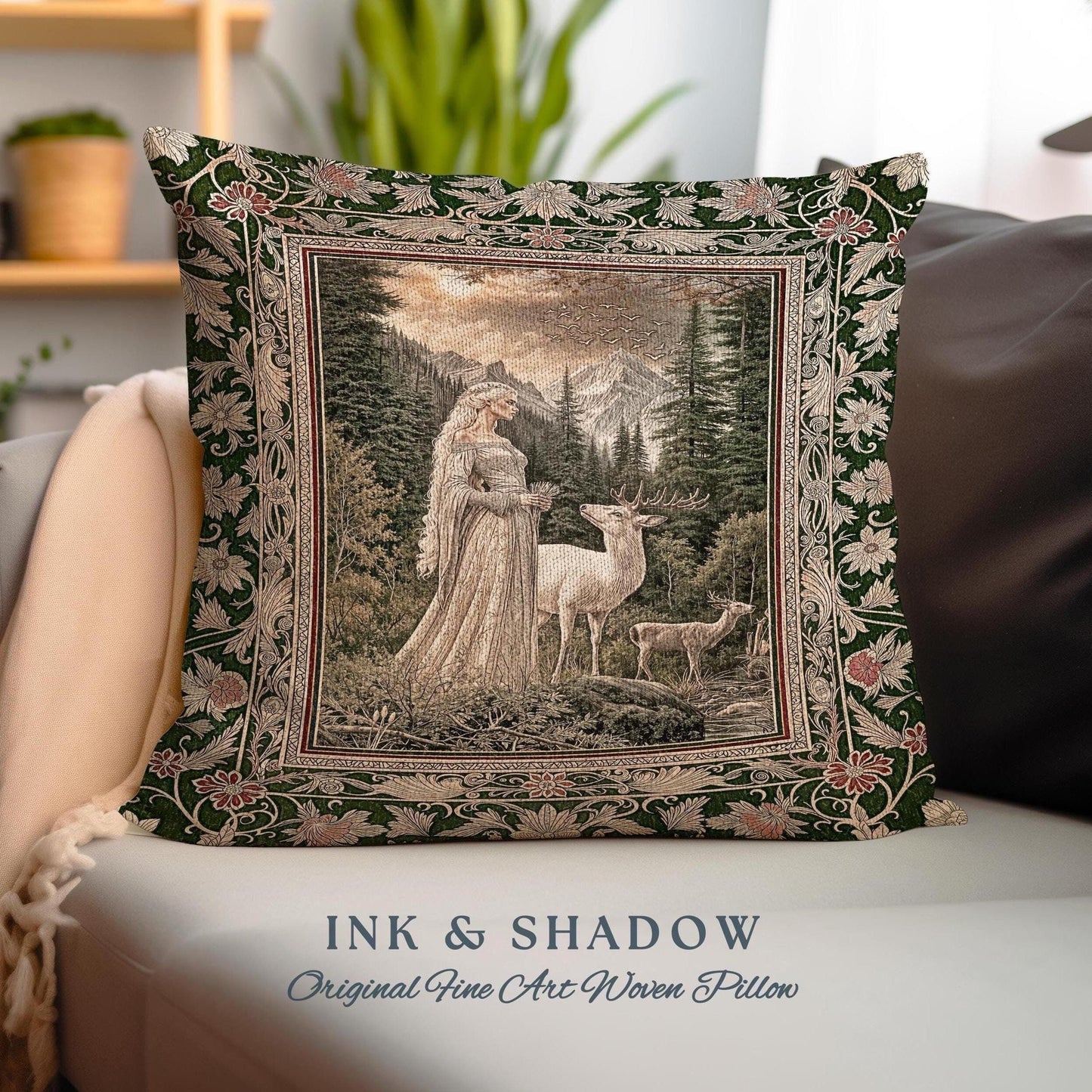 Enchanted Lands Medieval Tapestry Pillow | Gothic Landscape Fantasy Throw Pillow Woven Dark Fairycore Romantic Victorian Gothic Fairytale |