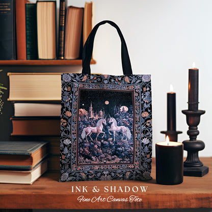Moody Moonlit Unicorn Woven Tote | Elegant Medieval Florals Lavender Purple Whimsical Folklore Woven Tapestry Bag Fairytale Witchy Style |