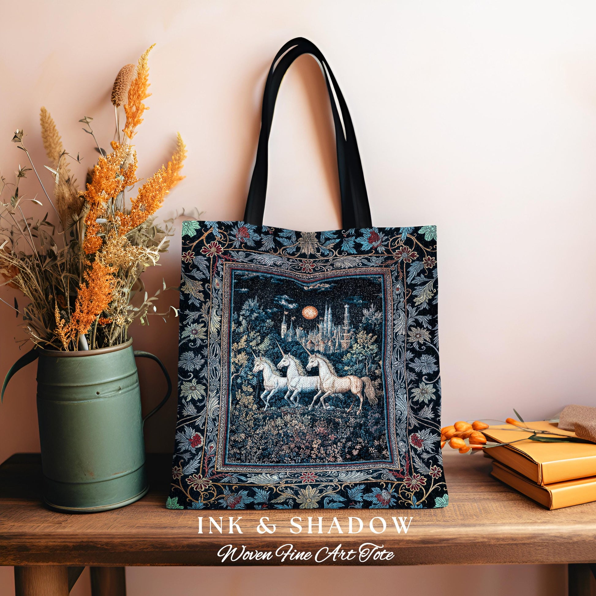 Witchy Dark Romantic Woven Tapestry Tote| Medieval Folklore Fairytale Inspired Cottagecore Whimsical Fantasy Unicorn Everyday Bag Gothic |