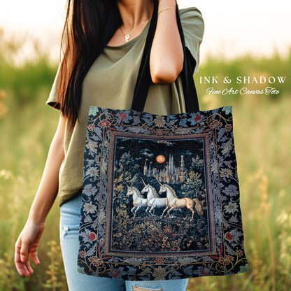 Witchy Dark Romantic Woven Tapestry Tote| Medieval Folklore Fairytale Inspired Cottagecore Whimsical Fantasy Unicorn Everyday Bag Gothic |