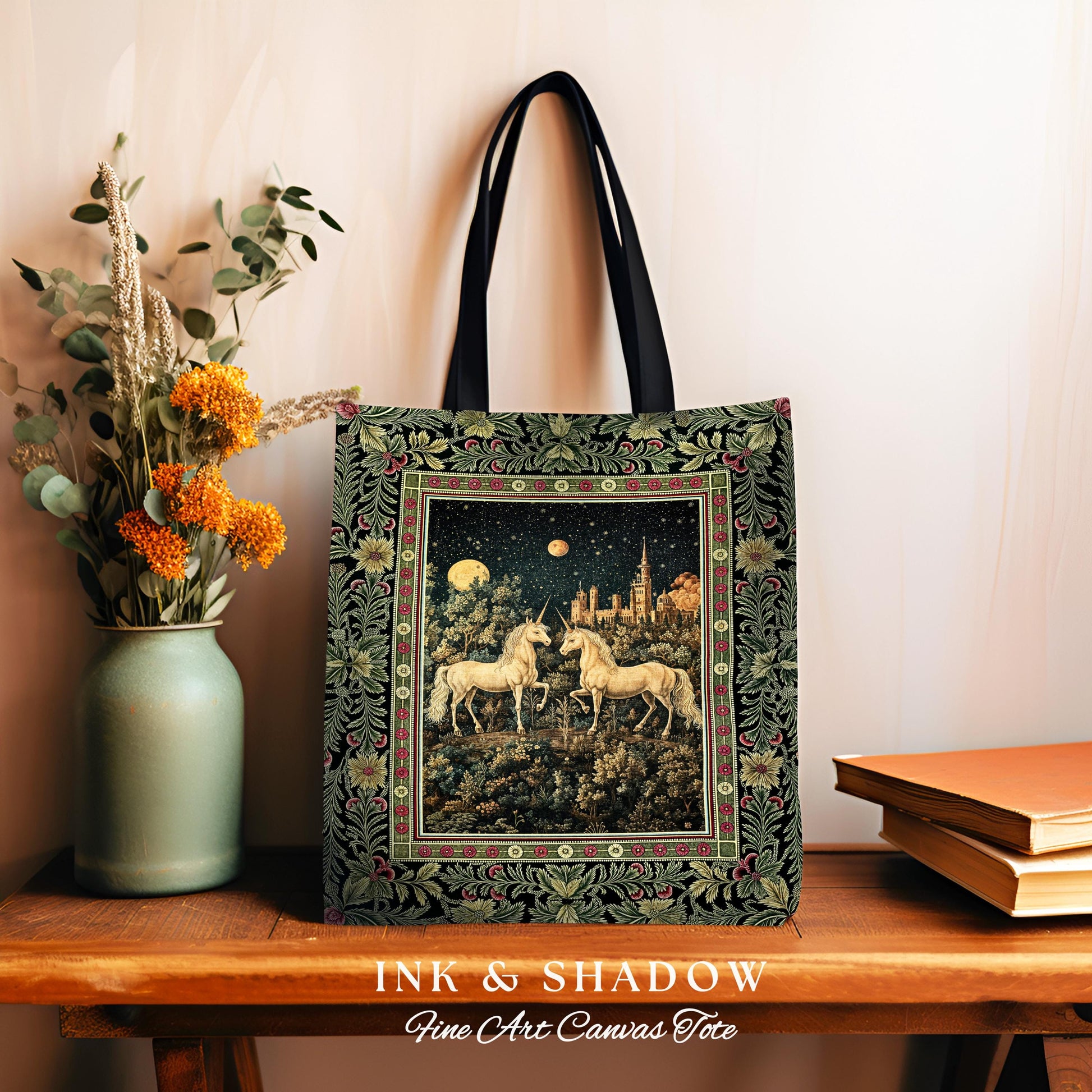 Dreamy Castle Landscape Unicorn Bag | Whimsical Elegance Magical Storybook Aesthetic Fairytale Landscape Tapestry Tote Enchanted Style |