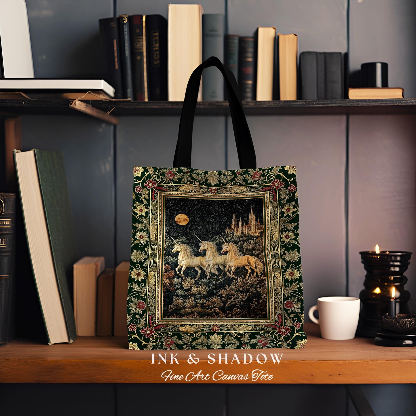 Fairytale Theme Moonlit Ethereal Tote | Unicorn Royalcore Woven Tote Castle Aesthetic Dreamy Tapestry Bag Baroque Gothic Storybook Art |