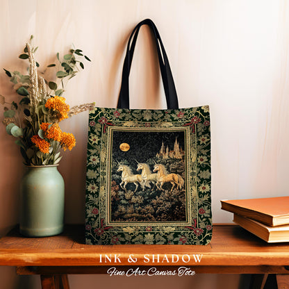 Fairytale Theme Moonlit Ethereal Tote | Unicorn Royalcore Woven Tote Castle Aesthetic Dreamy Tapestry Bag Baroque Gothic Storybook Art |