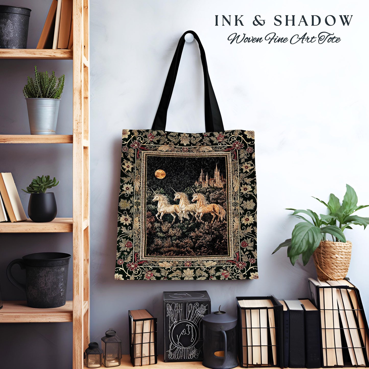 Fairytale Theme Moonlit Ethereal Tote | Unicorn Royalcore Woven Tote Castle Aesthetic Dreamy Tapestry Bag Baroque Gothic Storybook Art |