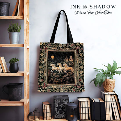 Fairytale Theme Moonlit Ethereal Tote | Unicorn Royalcore Woven Tote Castle Aesthetic Dreamy Tapestry Bag Baroque Gothic Storybook Art |