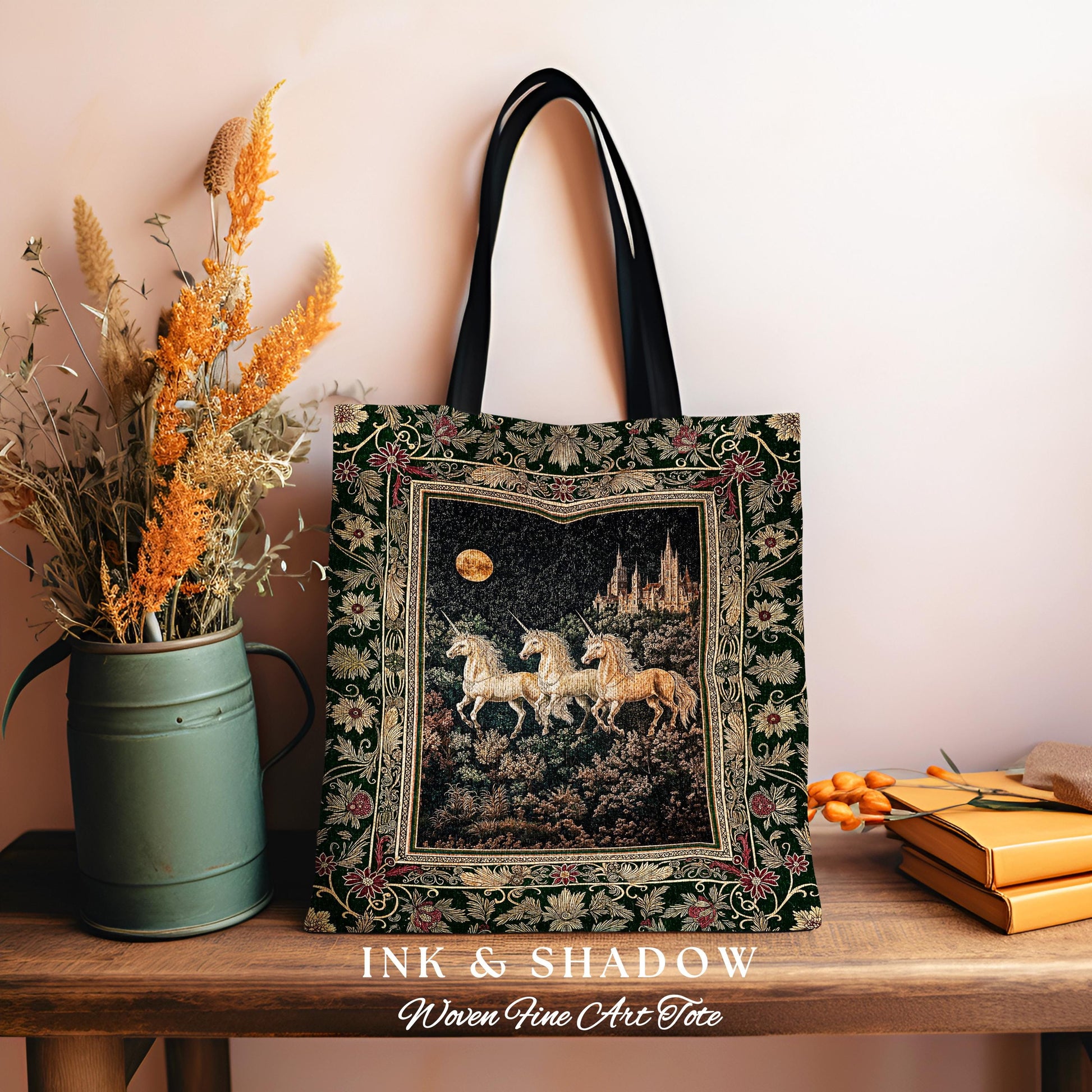 Fairytale Theme Moonlit Ethereal Tote | Unicorn Royalcore Woven Tote Castle Aesthetic Dreamy Tapestry Bag Baroque Gothic Storybook Art |