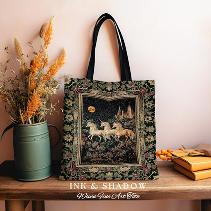 Fairytale Theme Moonlit Ethereal Tote | Unicorn Royalcore Woven Tote Castle Aesthetic Dreamy Tapestry Bag Baroque Gothic Storybook Art |