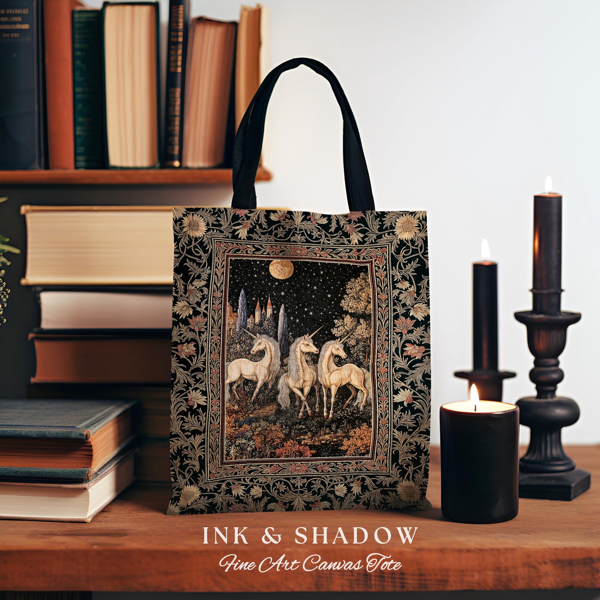 Medieval Ethereal Unicorn Tapestry Bag | Goblincore Aesthetic Woven Tote Ornate Vintage Gothic Baroque Florals Magical Wonders Fairytale