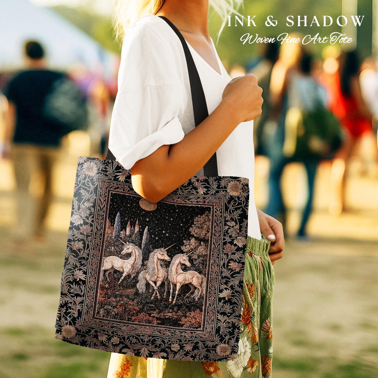 Medieval Ethereal Unicorn Tapestry Bag | Goblincore Aesthetic Woven Tote Ornate Vintage Gothic Baroque Florals Magical Wonders Fairytale