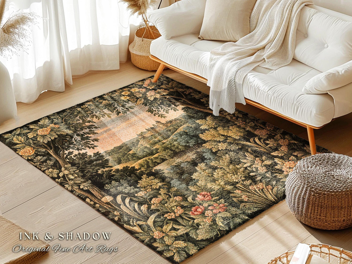 Medieval Meadow Area Rug | Rustic Fairytale Castle Landscape Woodland Fairy Folklore Princesscore Aesthetic Mystic Victorian Floral Accent |