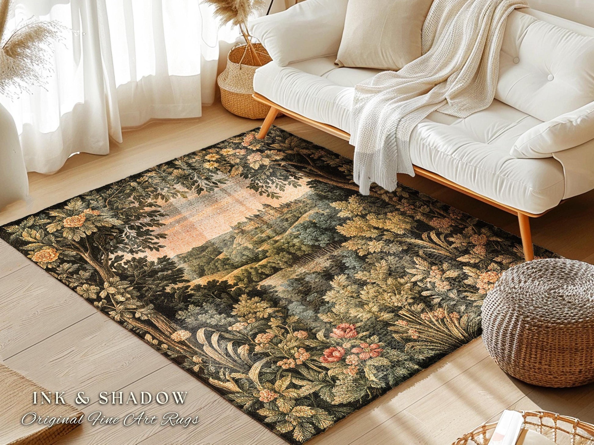 Medieval Meadow Area Rug | Rustic Fairytale Castle Landscape Woodland Fairy Folklore Princesscore Aesthetic Mystic Victorian Floral Accent |