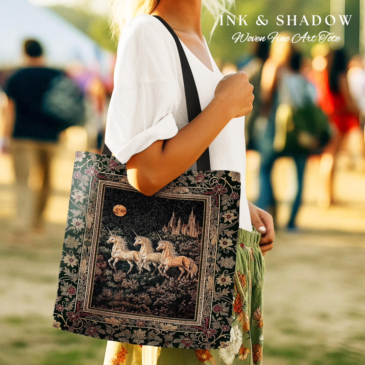 Fairytale Theme Moonlit Ethereal Tote | Unicorn Royalcore Woven Tote Castle Aesthetic Dreamy Tapestry Bag Baroque Gothic Storybook Art |