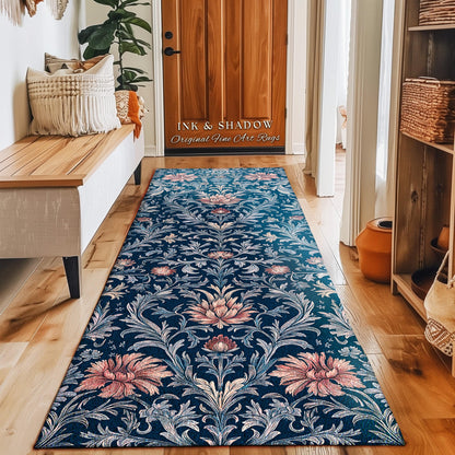 Rustic Blue Floral Ornate Area Rug | Romantic Opulence Vintage Renaissance Themed Elegant Accent Rug Dark Academia Victorian Gothic Decor |