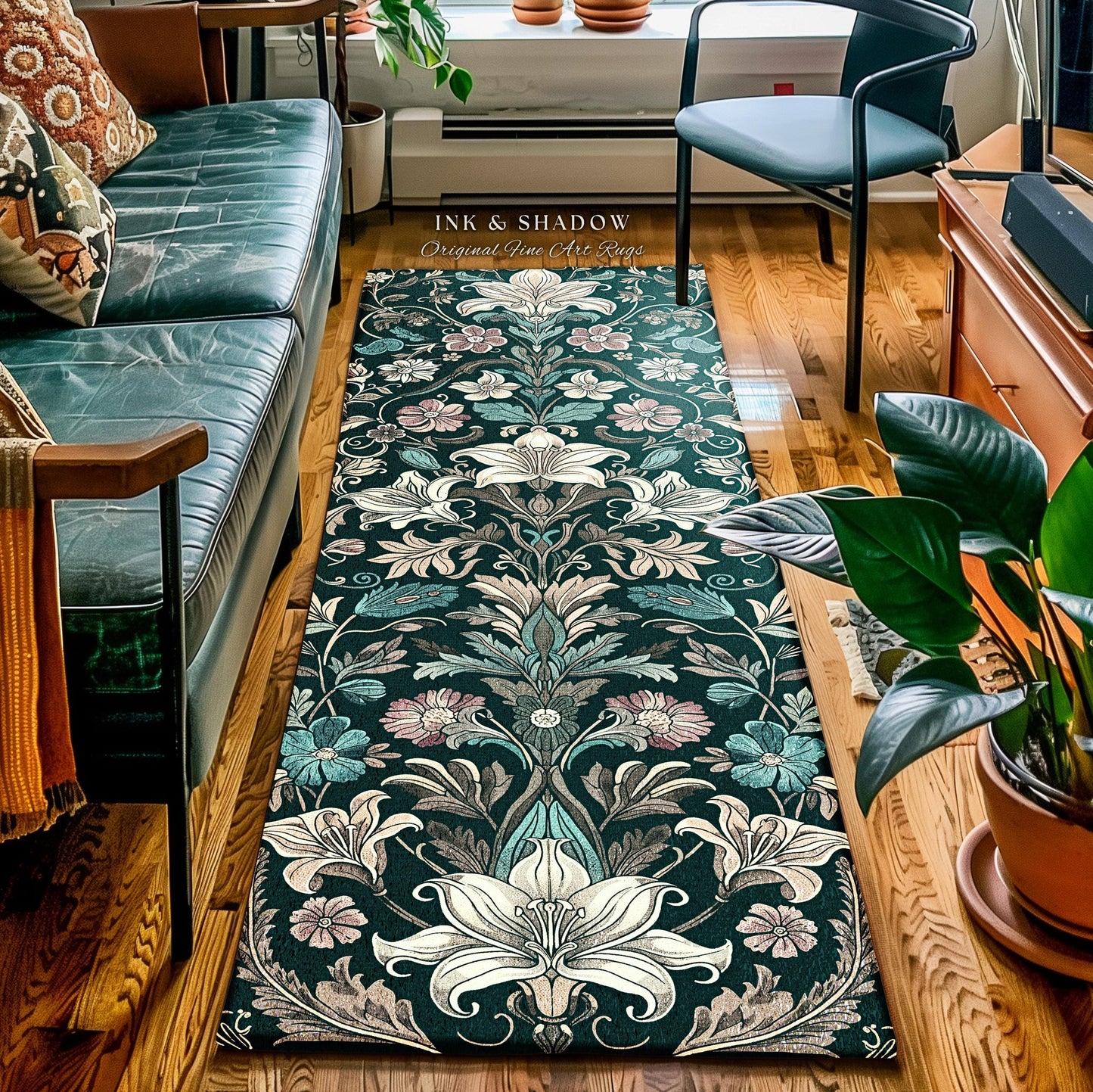 Trendy Florals Elegant Accent Rug | Ornate Botanical Folklore Inspired Dark Academia Teal Area Rug Romantic Opulence Vintage Cottagecore Art