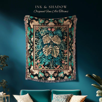 Romantic Tropigoth Wall Tapestry | Woodland Victorian Floral Houseplant Throw Whimsical Gothic Aesthetic Monstera Plant Lover Blanket Woven