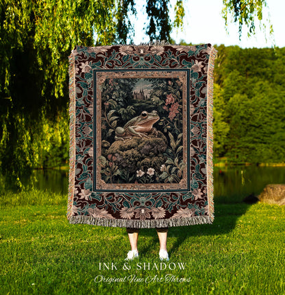 Storybook Aesthetic Frog Throw Blanket | Bohemian Living Room Floral Ornate Dark Victorian Cottagecore Toad Tapestry Whimsical Eclectic Home