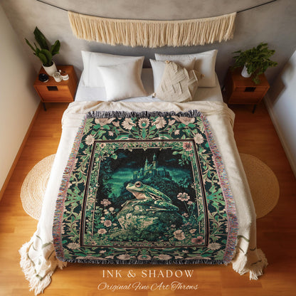 Book Nook Fairytale Woven Tapestry | Woodland Gothic Baroque Aesthetic Frog Throw Blanket Cottagecore Reading Room Floral Border Ornate |