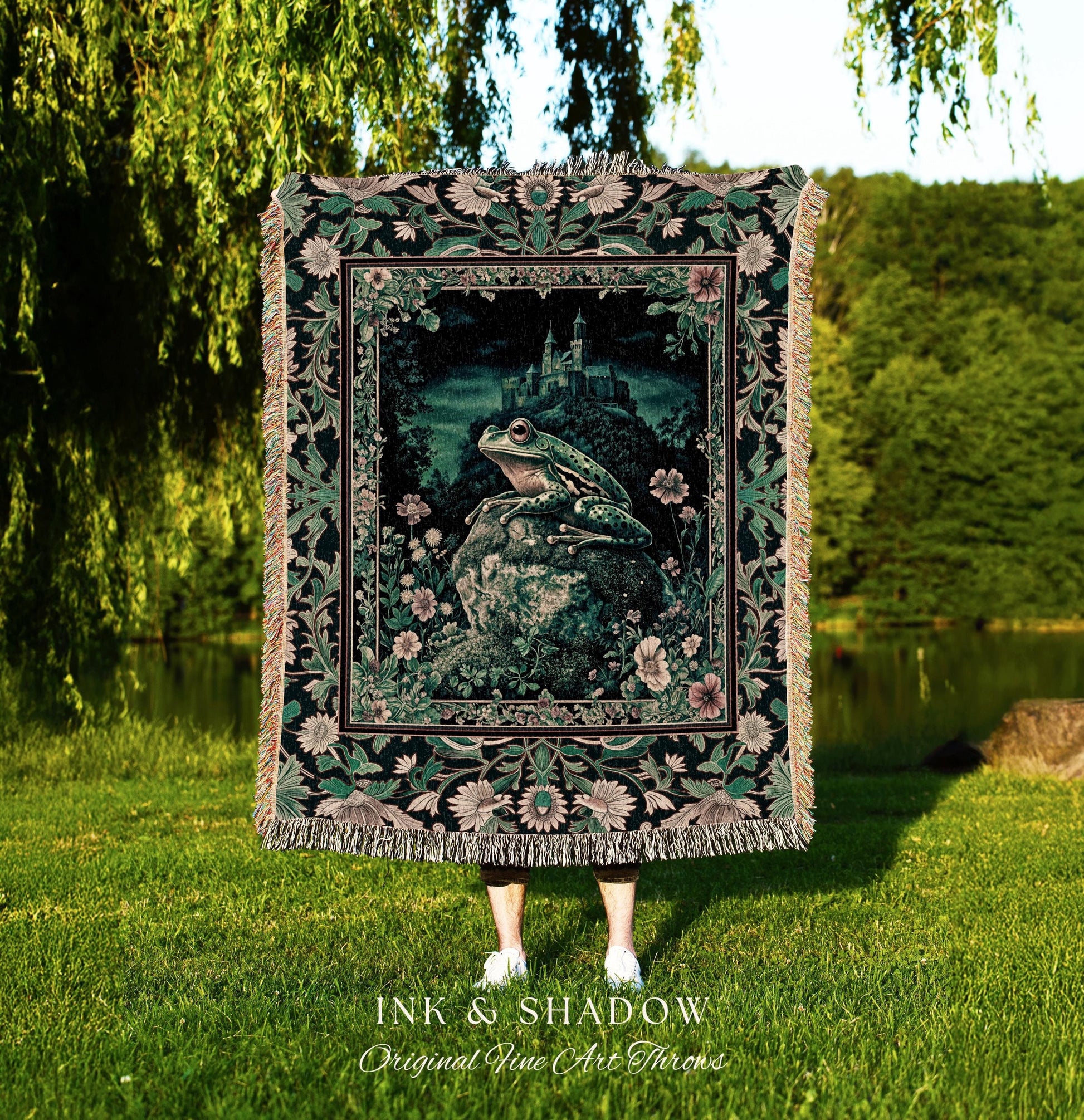 Book Nook Fairytale Woven Tapestry | Woodland Gothic Baroque Aesthetic Frog Throw Blanket Cottagecore Reading Room Floral Border Ornate |