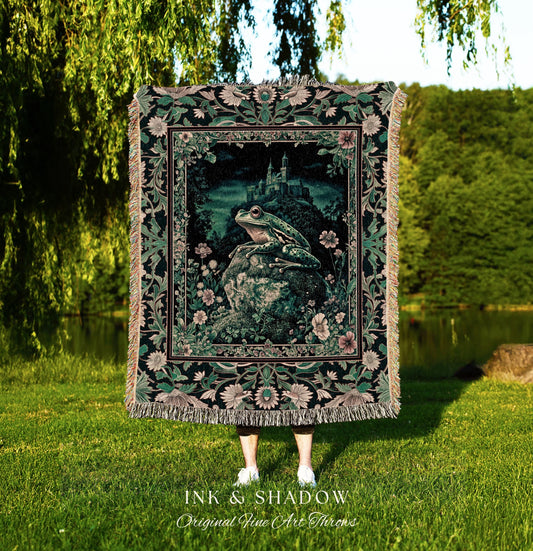 Book Nook Fairytale Woven Tapestry | Woodland Gothic Baroque Aesthetic Frog Throw Blanket Cottagecore Reading Room Floral Border Ornate |